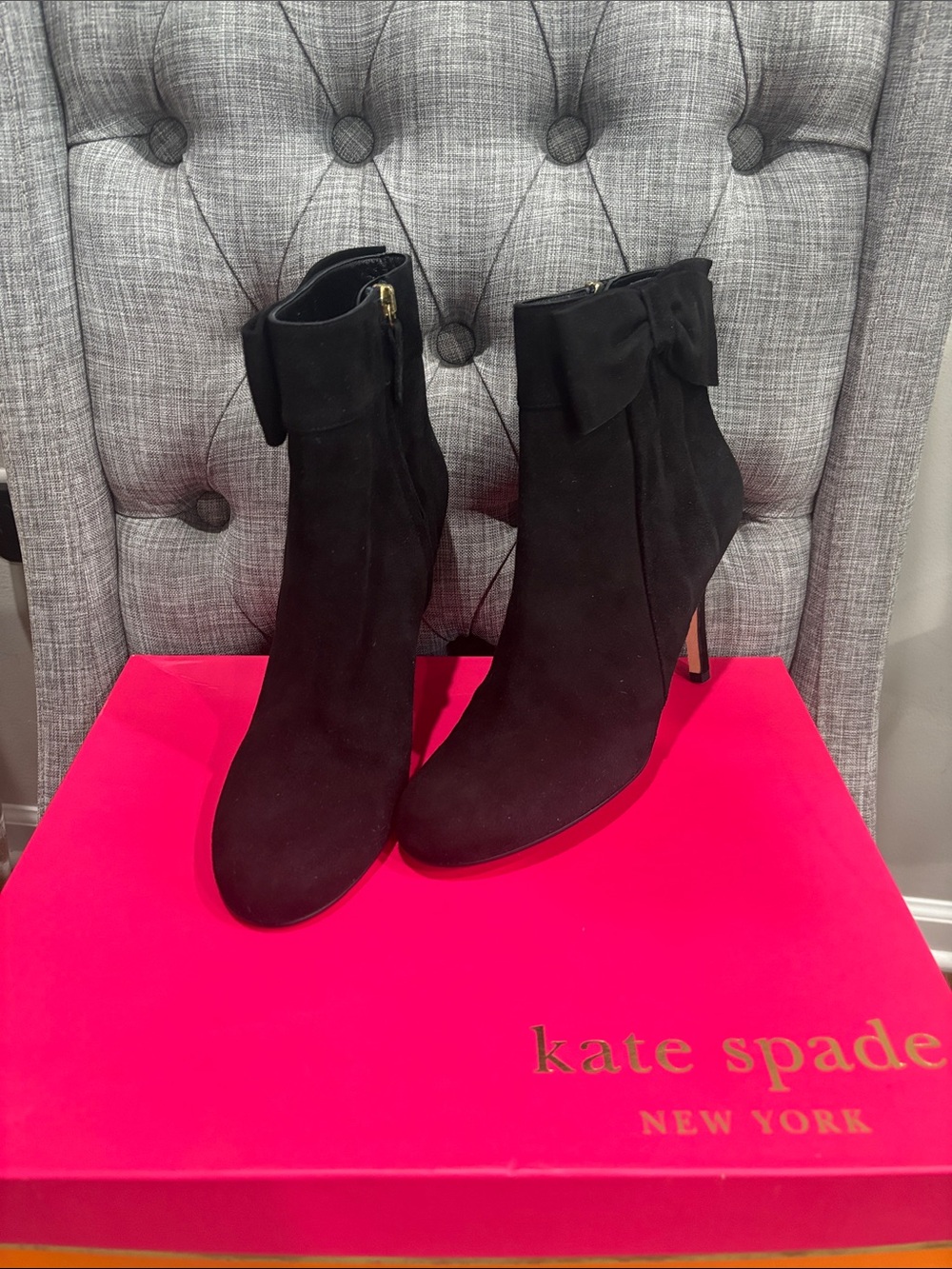 kate spade Black Suede Bow-Trim Ankle Boots